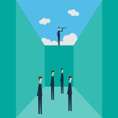 Minimalist stil. Vektör işleri finansmanı. İş adamı ve teleskop ikonu, sembol liderliği, strateji, görev, hedefler ile başarılı bir vizyon kavramı.