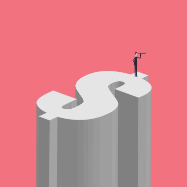 Minimalist stil. Vektör işleri finansmanı. İş adamı ve teleskop ikonu, sembol liderliği, strateji, görev, hedefler ile başarılı bir vizyon kavramı.