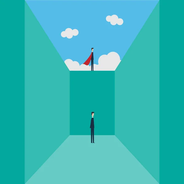 Minimalist style vector business finance  concept.Businessman superhero standing on top  as a symbol of business leadership, career success, ambition and achievement. Flat design. — Stock Vector