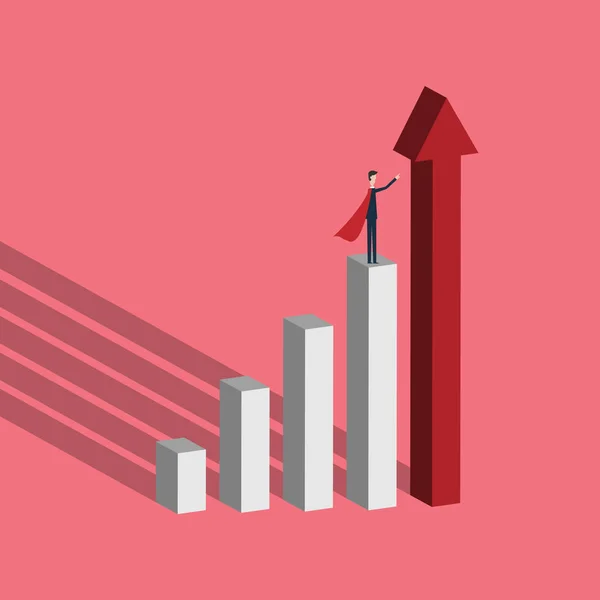 Minimalistyczny styl wektor Biznes Finanse koncepcja. Biznesmen superbohatera z rosnących strzałek jako symbol władzy i sukces. Eps10 ilustracji — Wektor stockowy