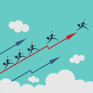 Minimalist tarzı iş insanlar grup çalışması takım lideri üzerinde ok rekabet kavramı düz vektör çizim