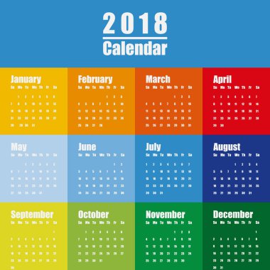Şablon 2018 yeni yıl takvim temiz en az tablo basit tarzı renkli kırmızı mavi yeşil ve sarı renk / vektör