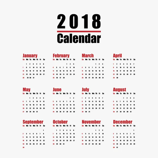 Vector  template of 2018 new year calendar in clean minimal table simple style red black and white color — Stock Vector