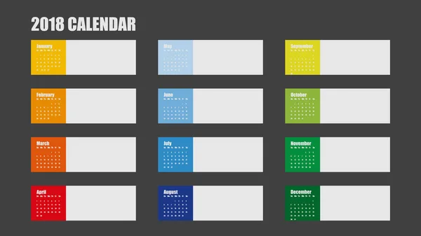 Vektor-Vorlage von 2018 Neujahr Kalender in sauberen minimalen Tabelle einfachen Stil bunt rot blau grün und gelb — Stockvektor