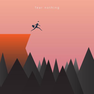 Minimalist stile. işletme finansı vektör. uçurum vektör kavram üzerinde atlama iş adamı. İş başarısı, sorun, risk, cesaret sembolü