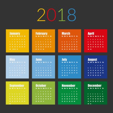 Şablon 2018 yeni yıl takvim temiz en az tablo basit tarzı renkli kırmızı mavi yeşil ve sarı renk / vektör