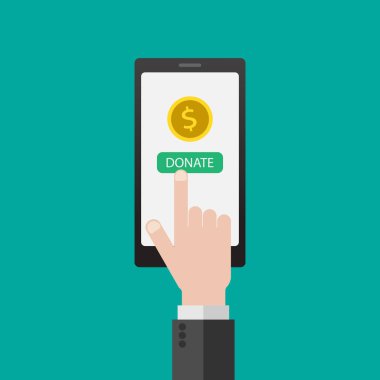 Hayır, bağış kavramı. Cep telefonu ile para bağış yapın. Smartphone ile online ödeme. İş, finans. eps10 vektör çizim. Düz stil.