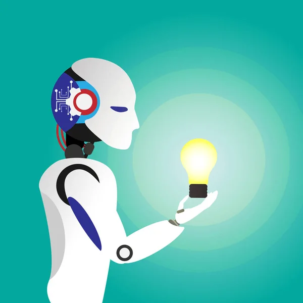 シンプルなかまち電球光アイデア ロボットの手で。新しいアイデア、変更、傾向、勇気、創造的な解決、技術革新とユニークな方法概念. — ストックベクタ
