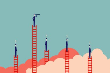 Minimalist stil. Vektör işleri finansmanı. İş adamı ve teleskop ikonu, sembol liderliği, strateji, görev, hedefler ile başarılı bir vizyon kavramı.