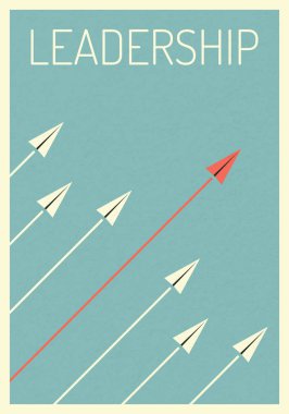 Minimalist retro poster stile. işletme finansı vektör. Liderlik kavramı, kırmızı kağıt uçaklar gökyüzünde uçan. Finansal büyüme grafik yönetir. Şablon yatırım. Vektör çizim düz tasarımı. İşaret