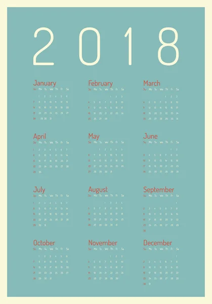Minimalistischer Plakatstil. Vektorschablone des Neujahrskalenders 2018 in sauberer Minimaltabelle einfachen Stil — Stockvektor