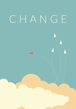 Minimalist stile kırmızı uçak yönünü ve beyaz olanlar değiştirme. Yeni fikir, değişiklik, eğilim, cesaret, yaratıcı çözüm, iş, yenilik ve benzersiz bir şekilde kavramı.