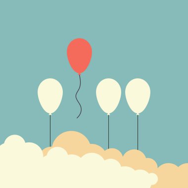 Minimalist retro stile. Kalabalık ve farklı kavram, diğer beyaz balonlar uzak uçan bir kırmızı balon öne. vektör çizim eps10