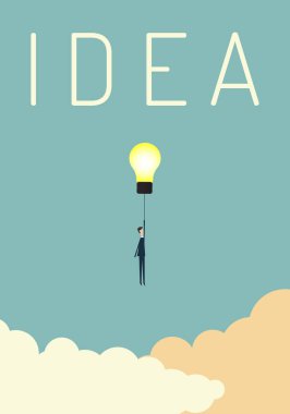 Minimalist stile.business Maliye. Başarılı vizyon kavramı simge ampul ile uçan işadamı ile düşünüyorum. Eps10 vektör çizim, sembol liderlik, strateji, misyonu, hedefleri.