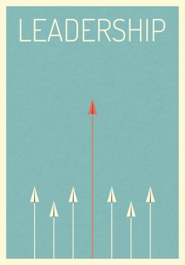 Minimalist retro poster stile. işletme finansı vektör. Liderlik kavramı, kırmızı kağıt uçaklar gökyüzünde uçan. Finansal büyüme grafik yönetir. Şablon yatırım. Vektör çizim düz tasarımı. İşaret