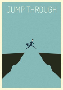 Minimalist poster stile. işletme finansı vektör. uçurum vektör kavram üzerinde atlama iş adamı. İş başarısı, sorun, risk, cesaret sembolü