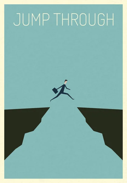 Minimalist poster stile.  vector business finance. businessman jumping over chasm vector concept. Symbol of business success, challenge, risk, courage — Stock Vector