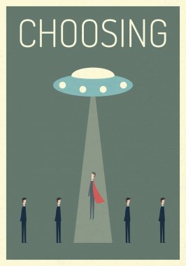 UFO tarafından seçme süper iş adamı. Sembol çalmakla, kaçırılan, seçme, liderlik, başarılı vizyon ve fikir kavramı. Eps10 vektör çizim. Minimalist retro poster
