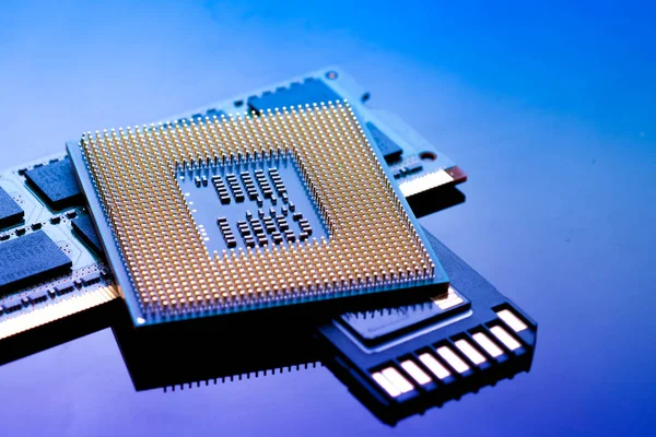 Technology cyber electronic concept. cpu ram computer on blue li — Stock Photo, Image