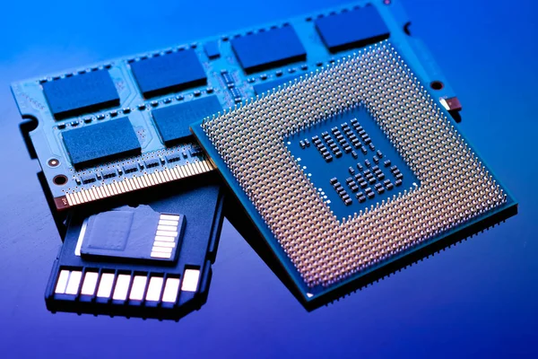 Technology cyber electronic concept. cpu ram computer on blue li — Stock Photo, Image