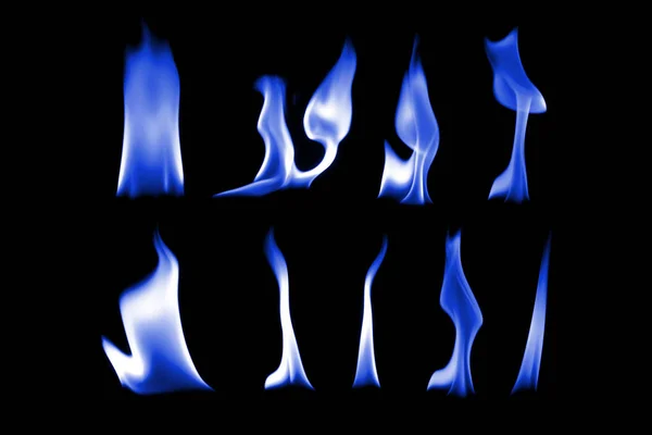Kolekce modrý oheň, modrý oheň na černém pozadí světlo — Stock fotografie