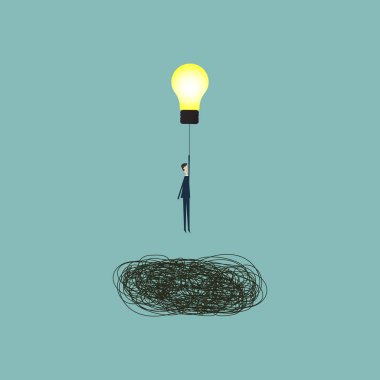 Minimalist stile.business Maliye. Başarılı vizyon kavramı simge ampul ile uçan işadamı ile düşünüyorum. Eps10 vektör çizim, sembol liderlik, strateji, misyonu, hedefleri.