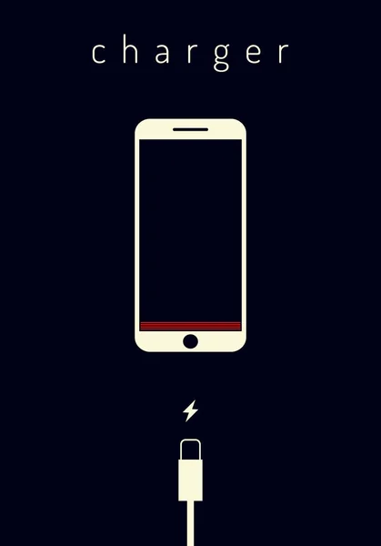 Illustration vectorielle de style plat. Smartphones mobiles se chargeant sur fond bleu foncé. Téléphone avec une charge de batterie faible et avec connexion USB . — Image vectorielle