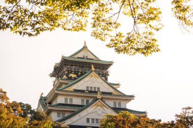 Osaka 'daki Osaka Kalesi' nde sonbahar yaprakları var. Japonya Seyahat Konsepti
