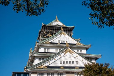 Osaka 'daki Osaka Kalesi' nde sonbahar yaprakları var. Japonya Seyahat Konsepti