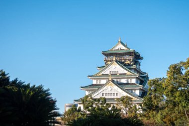 Osaka 'daki Osaka Kalesi' nde sonbahar yaprakları var. Japonya Seyahat Konsepti