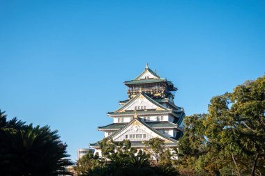 Osaka 'daki Osaka Kalesi' nde sonbahar yaprakları var. Japonya Seyahat Konsepti