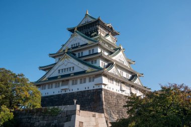 Osaka 'daki Osaka Kalesi' nde sonbahar yaprakları var. Japonya Seyahat Konsepti