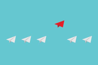 Düz tasarım Liderlik takım çalışması ve cesaret konsepti. kırmızı kağıt uçak ve gökyüzünde bir sürü beyaz uçak