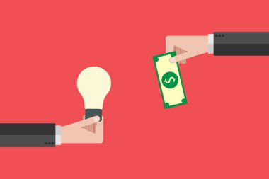 Düz dizayn. El para tutar ve el ampulü tutar. Fikir satın almak, yeniliğe yatırım yapmak, modern teknoloji iş konsepti. Vektör illüstrasyonu