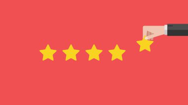 Pozitif geri bildirim konsepti. İş adamı beş yıldız veriyor. Vektör illüstrasyon düz tasarım