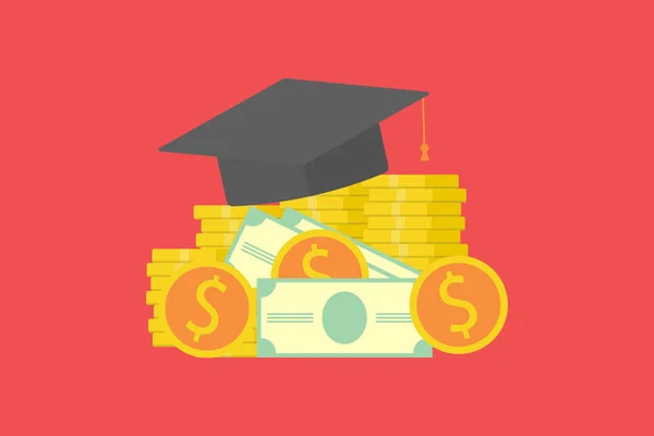 Investimento no conceito de educação. Boné de graduação em dinheiro e moeda. Conceito de poupar dinheiro para a bolsa de estudo.Ilustração vetorial flat design —  Vetores de Stock