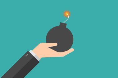 El ele tutuşan top bombası. Bomba patlamaya hazır. vektör çizimi düz tasarım