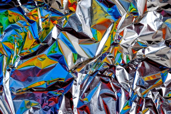 Feuille Aluminium Arc Ciel Froissée Texture Argentée Fond Abstrait — Photo