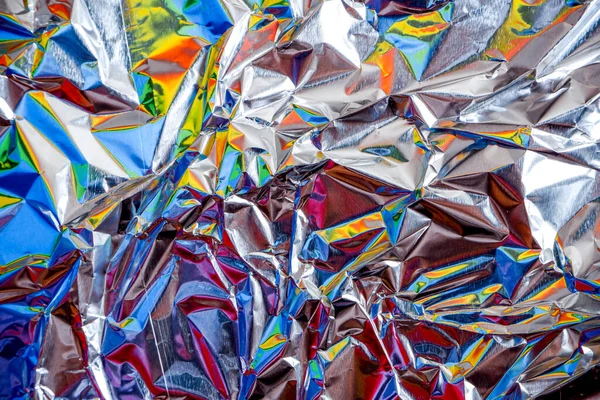 Regenboog Aluminiumfolie Verfrommeld Zilveren Textuur Abstracte Achtergrond — Stockfoto