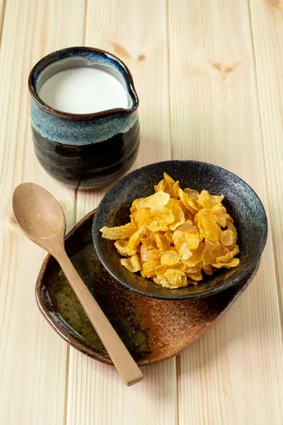 Bowl Cornflakes Milk Wooden Background — Stock Photo, Image