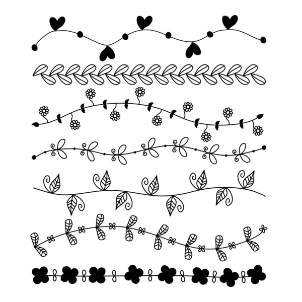 Folhas Videira Flor Mão Desenhado Doodle Vetor Linha Borda Conjunto —  Vetores de Stock