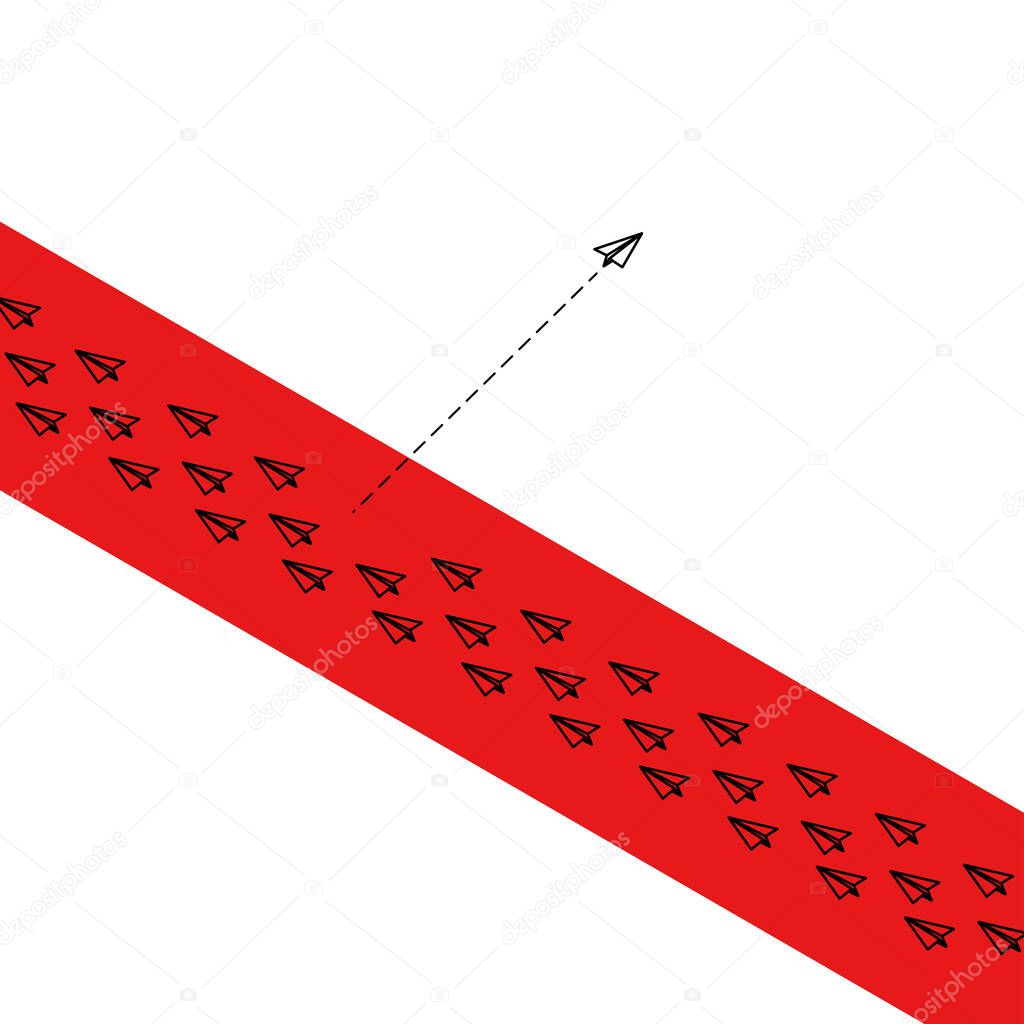 red airplane changing direction and white ones. New idea, change, trend, courage, creative solution, innovation and unique way concept.Vector illustration flat design