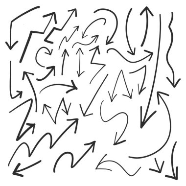 Çizgi film stili. El çizimi oklar, sınırlar, simgeler ve semboller. Beyaz arkaplanda el çizimi tasarım unsurları