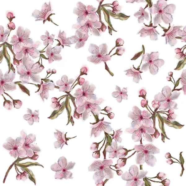 Primavera Maçã Cereja Amêndoa Padrão Floral Aquarela Pintado Mão Isolado — Fotografia de Stock