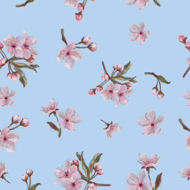 Suluboya çiçek desenli. Mavi arka plan. Elma, kiraz, badem Blooms. El botanik öğeler boyalı. Paskalya, anneler günü, Sevgililer günü, düğün. Tasarım, baskı, Tekstil ve arka plan için.