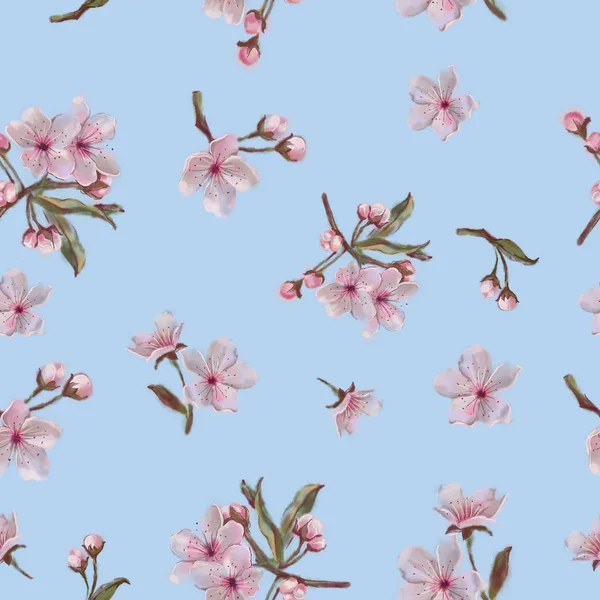 Aquarell Florales Muster Blauer Hintergrund Äpfel Kirschen Mandelblüten Handbemalte Botanische — Stockfoto
