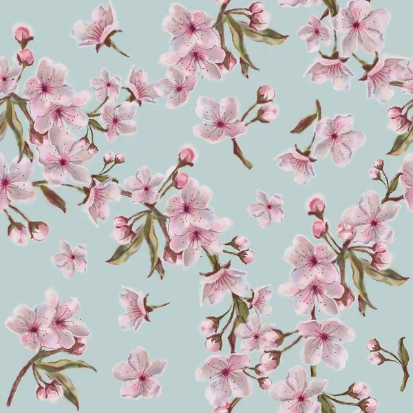 Watercolor Floral Wreath Pattern Blue Background Apple Cherry Almond Blooms — Stock Photo, Image