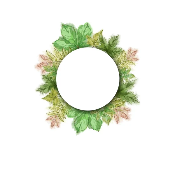 Watercolor Hand Painted Green Leaf Wreath White Copy Space Isolated — Stock Photo, Image