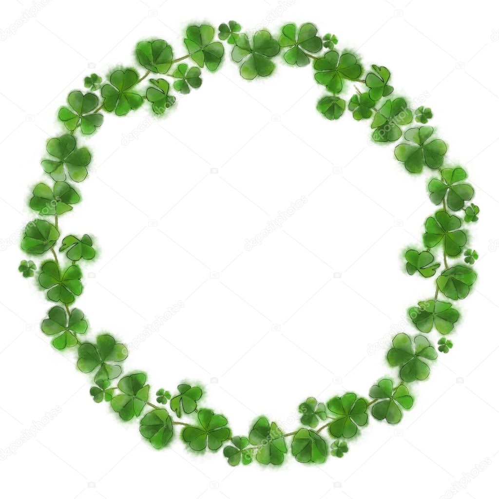 Shamrock St.-Patrick Wreath Isolated on White Background. St.-Patrick's Day Circular template with Copy Space in the center. Shamrock Wreath for St.-Patrick's Day Design, Print, and Background.