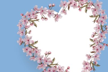 Çiçek kalp çelenk şeklinde. Suluboya el Blooms mavi zemin üzerine boyalı. Meyve ağacı çiçeği kalp çelenk.